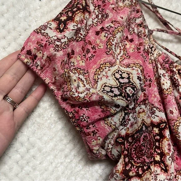 TORRID Crinkle Gauze Cris Cross Back Top Pink & Brown Peplum Cinched Waist Shirt - Picture 10 of 13